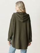 CloudKnit Oversized Hooded Shacket waffle knit button-front relaxed fit with drawstring hood and ribbed cuffs