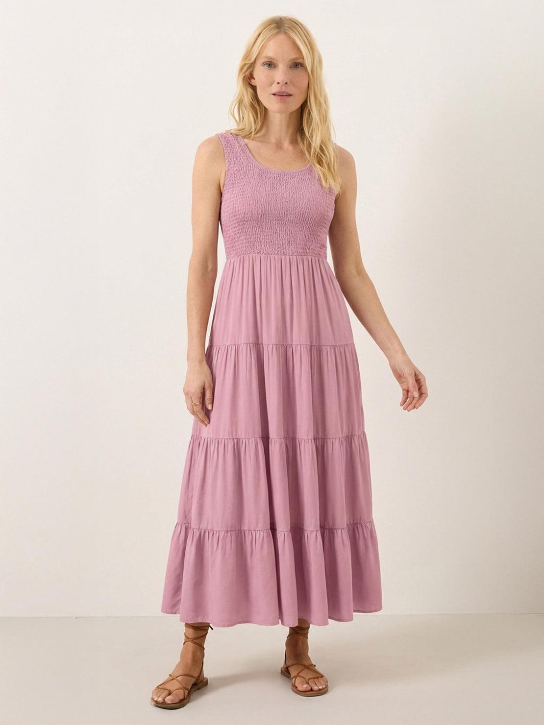 Smocked sleeveless maxi dress with scoop neckline and tiered skirt in lightweight fabric