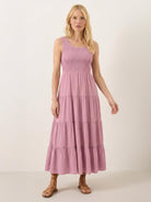 Smocked sleeveless maxi dress with scoop neckline and tiered skirt in lightweight fabric
