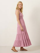 Smocked sleeveless maxi dress with tiered skirt and scoop neckline in lightweight fabric