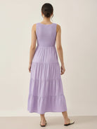 Smocked sleeveless maxi dress with tiered skirt and scoop neckline in lightweight breathable fabric