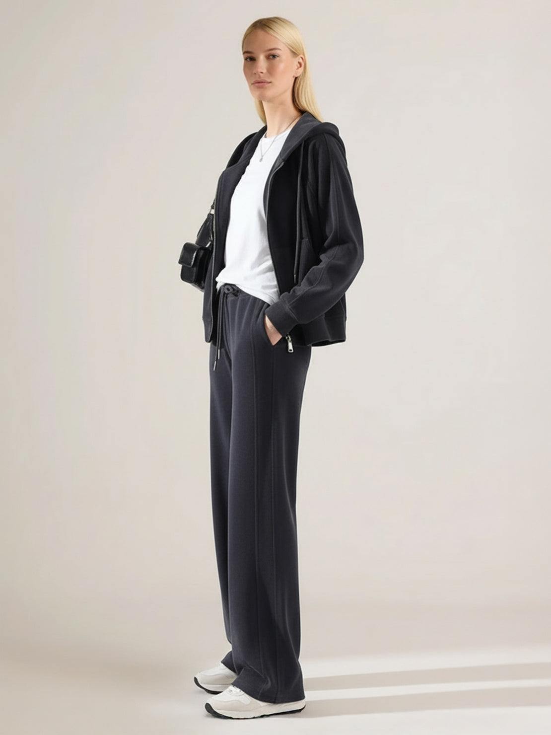 Chenille zip-up loungewear set with hoodie and wide-leg pants in soft, subtle sheen fabric