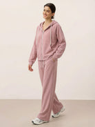 Chenille zip-up hoodie and wide-leg pants loungewear set in soft fabric with drawstring waist and pockets