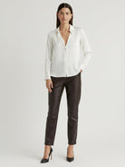 silk-finish button front shirt with traditional collar and relaxed fit on white background