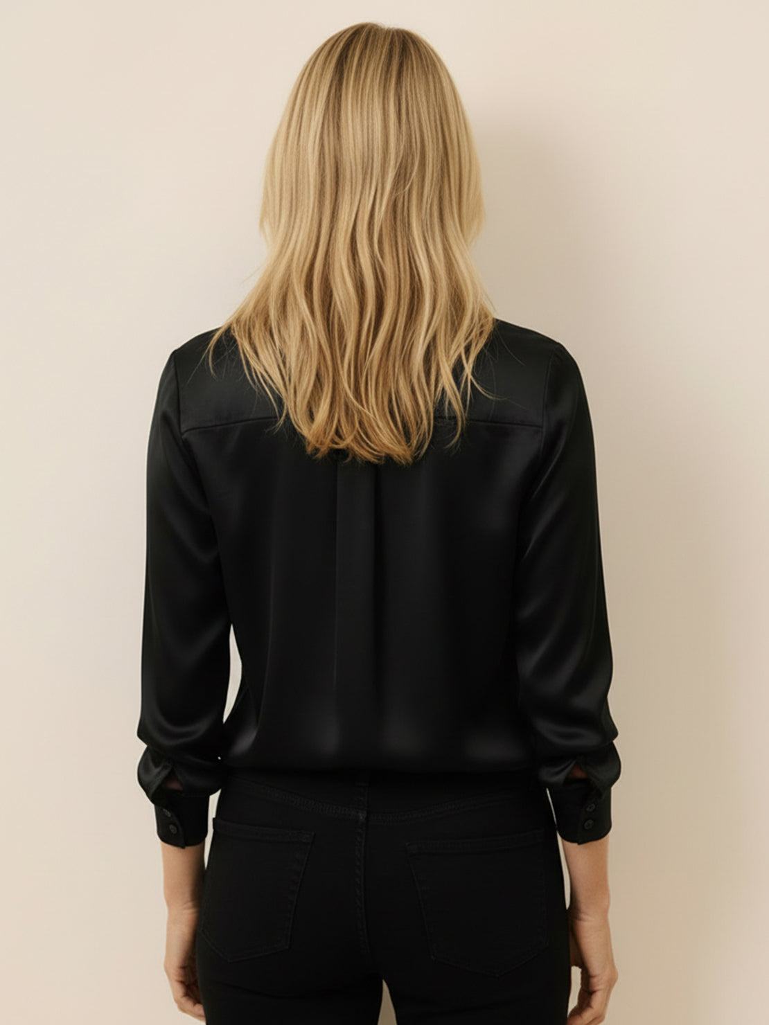 Silk-finish button front shirt with smooth fabric and relaxed fit