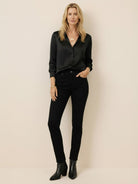 Silk-finish button front shirt with traditional collar and curved hem in smooth polyester blend fabric