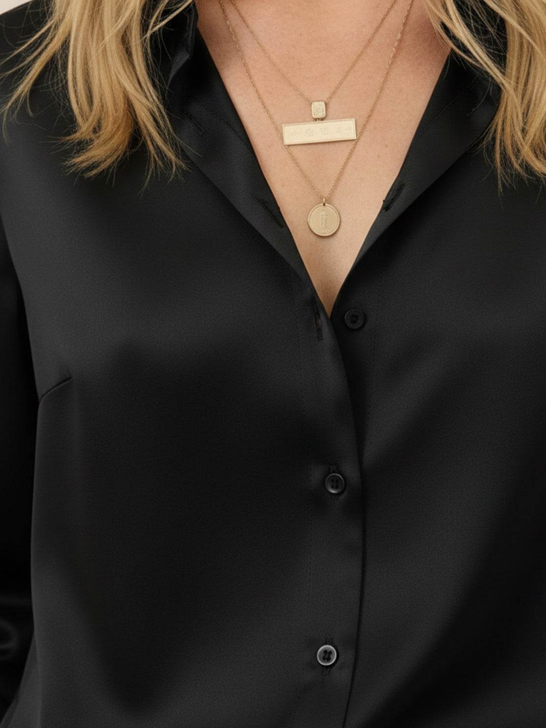 Silk-finish button front shirt with smooth fabric and relaxed fit