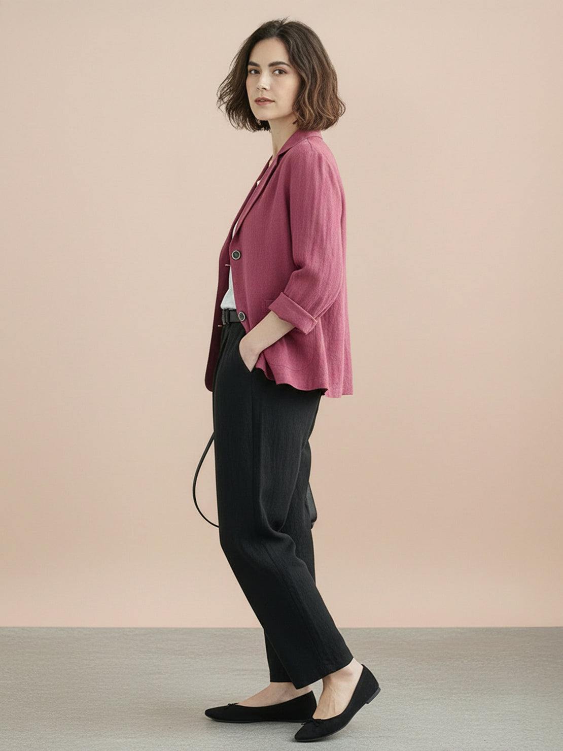 Cotton-linen blazer with notch lapels and two-button closure in natural textured fabric