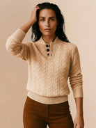 Slim fit 100% wool cable-knit sweater with stand collar and button placket