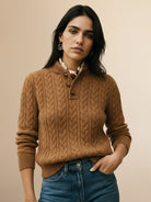 Slim fit 100% wool cable-knit sweater with stand collar and button placket