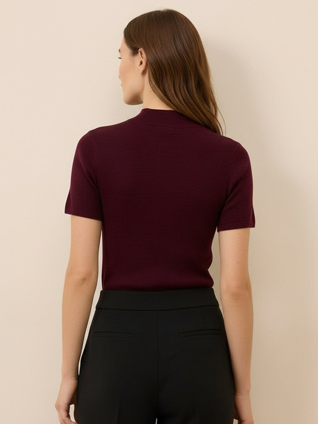 Slim fit short-sleeve 100% Merino wool mock neck tee with breathable, moisture-wicking fabric