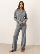 oversized polo knit loungewear set with soft collar and straight-leg pants