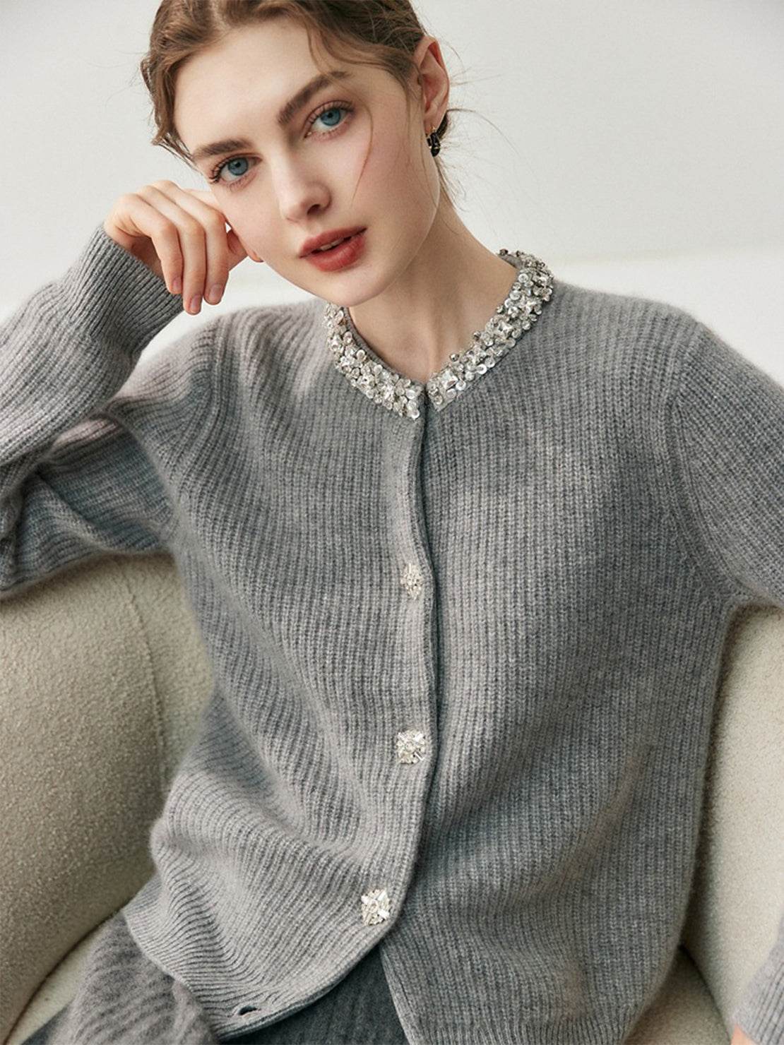 Alashan cashmere diamond-collar cardigan with crystal buttons and fine ribbed knit