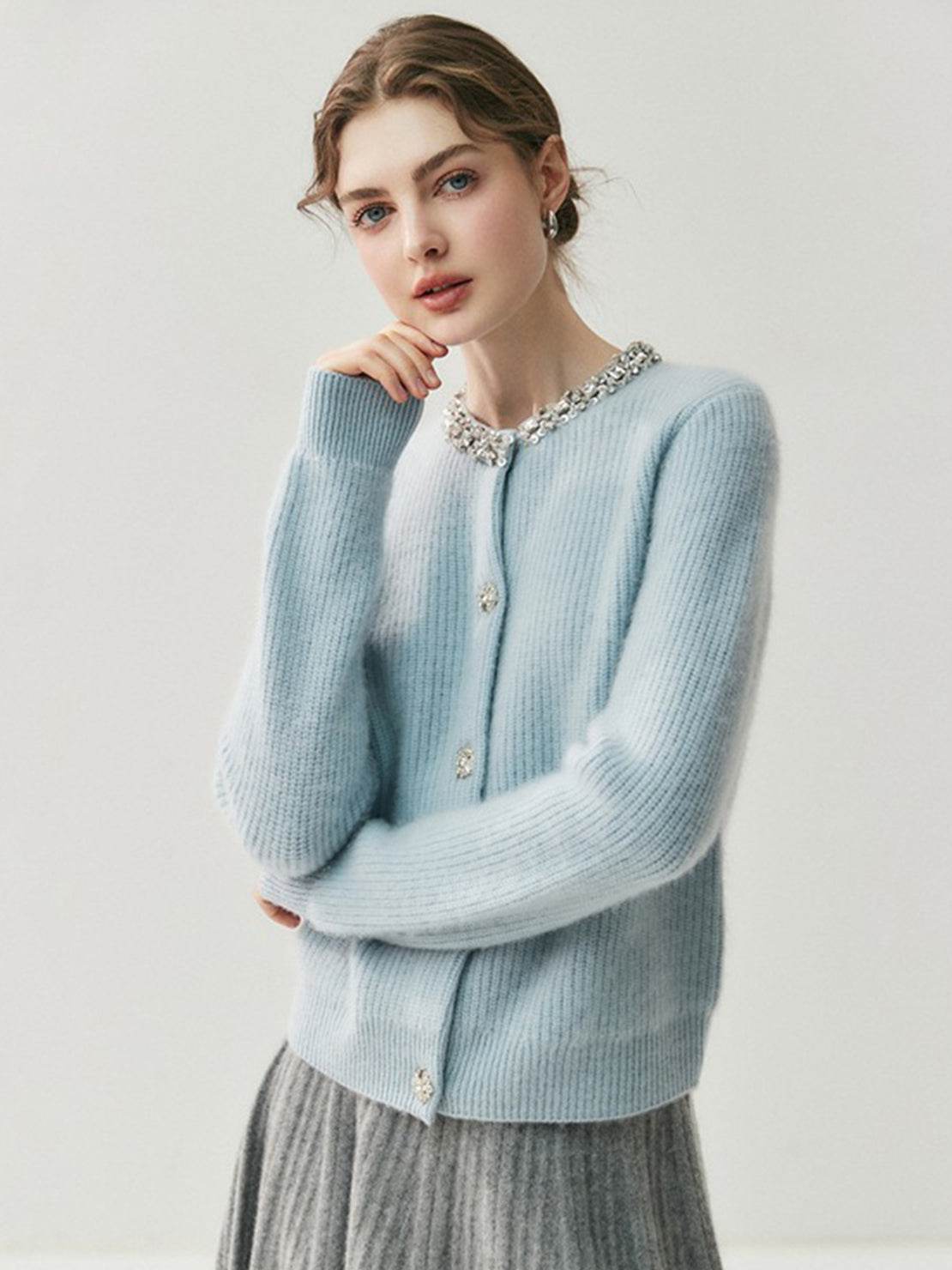 100% Alashan cashmere diamond-collar cardigan with crystal buttons and fine ribbed knit