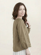 Cotton-linen embroidered blouse with balloon sleeves and tonal floral detail