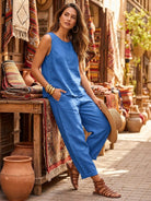 100% cotton crinkle sleeveless co-ord set with relaxed tank top and straight-leg pants