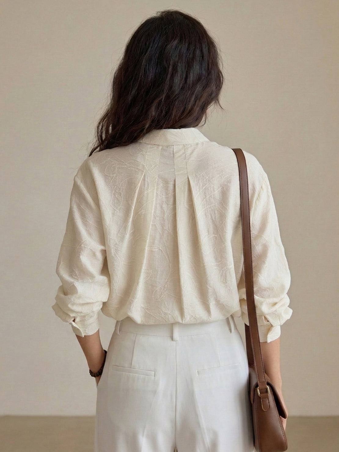 100% linen oversized jacquard shirt with tonal leaf texture and relaxed fit