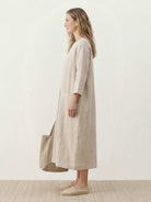100% linen A-line pocket maxi dress with 3/4 sleeves and ankle-length hem