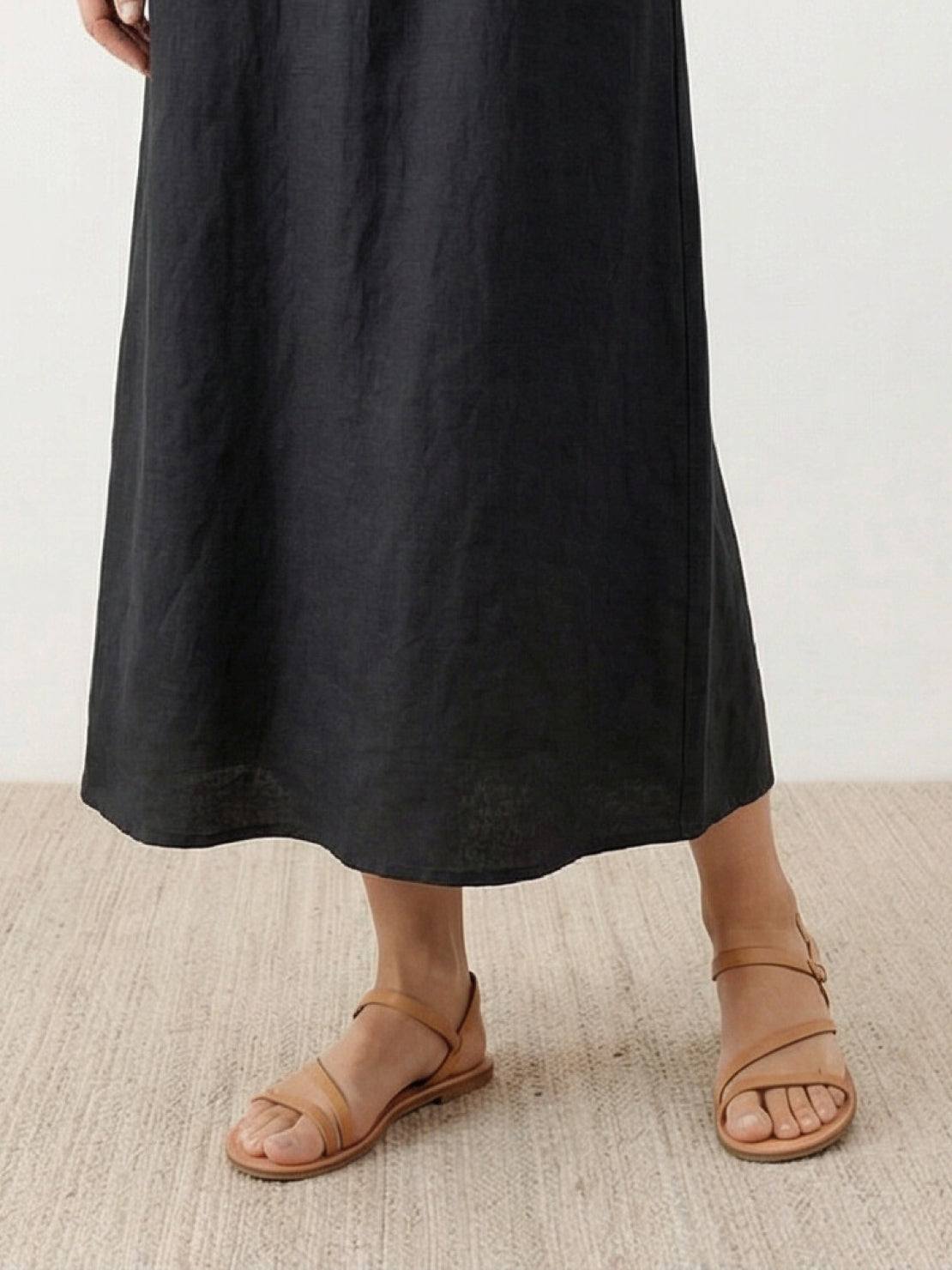 lightweight cotton linen sleeveless maxi dress with round neckline and loose ankle-length fit