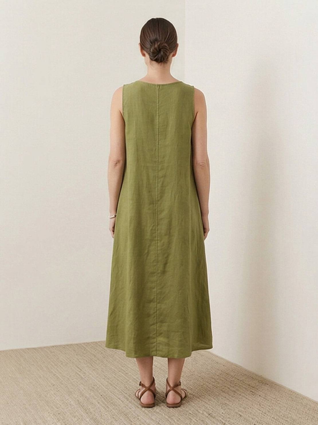 Lightweight cotton linen sleeveless maxi dress with round neckline and relaxed ankle-length fit