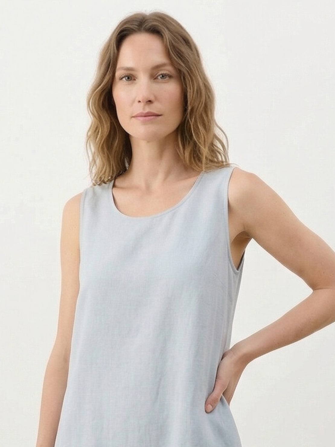 Lightweight cotton linen sleeveless maxi dress with round neckline and relaxed ankle-length silhouette