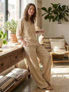 Lightweight 100% cotton linen set with V-neck top and wide-leg pants