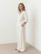 Lightweight 100% cotton linen set with V-neck top and wide-leg pants