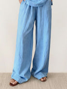 Two-piece 100% cotton linen set with V-neck top and wide-leg pants