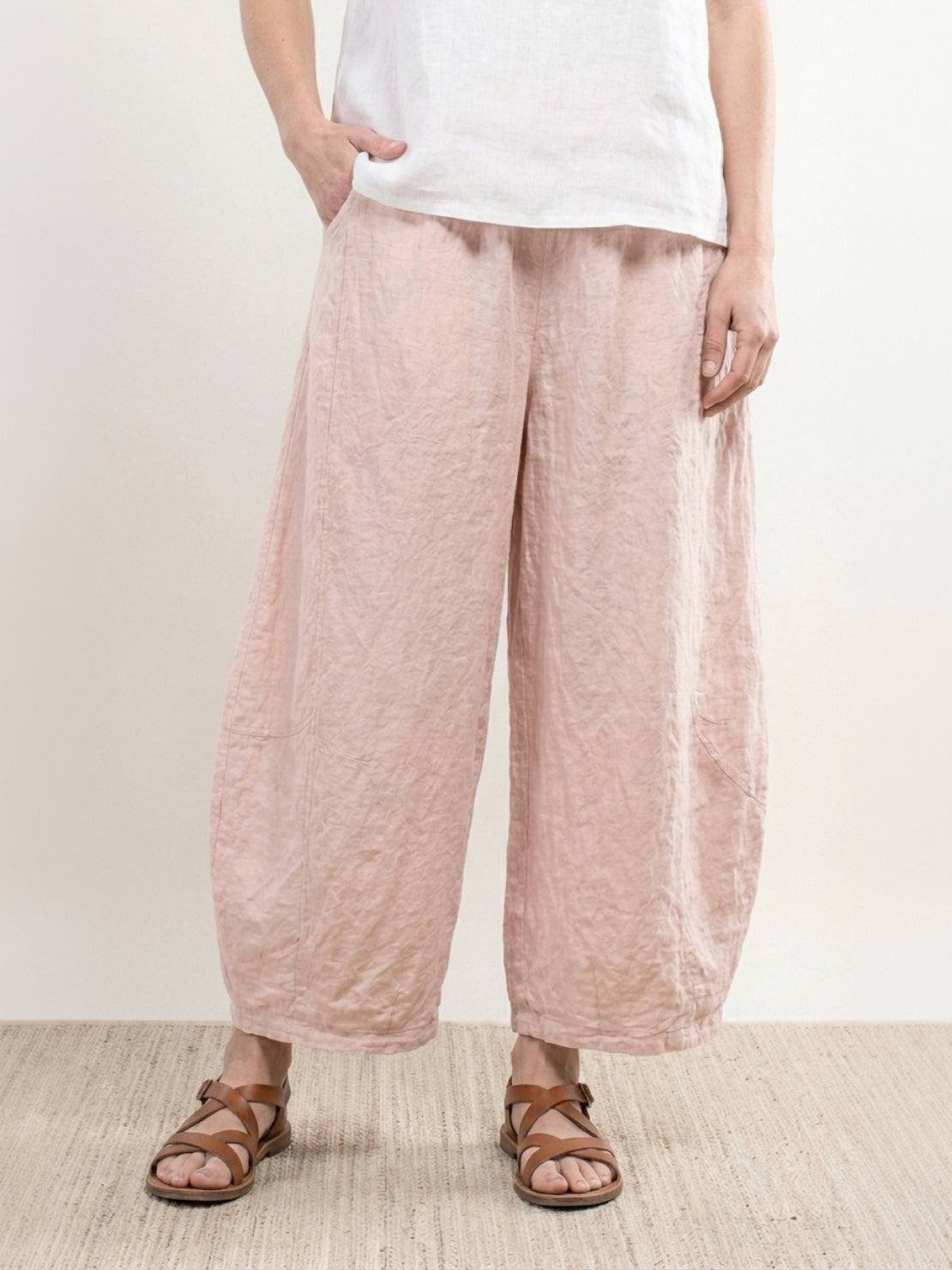 100% linen harem balloon pants with elastic drawstring waistband and natural crinkle texture