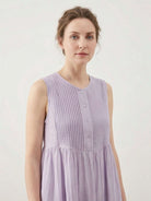 Cotton linen pleated midi dress with pintuck bodice and full A-line skirt in breathable fabric