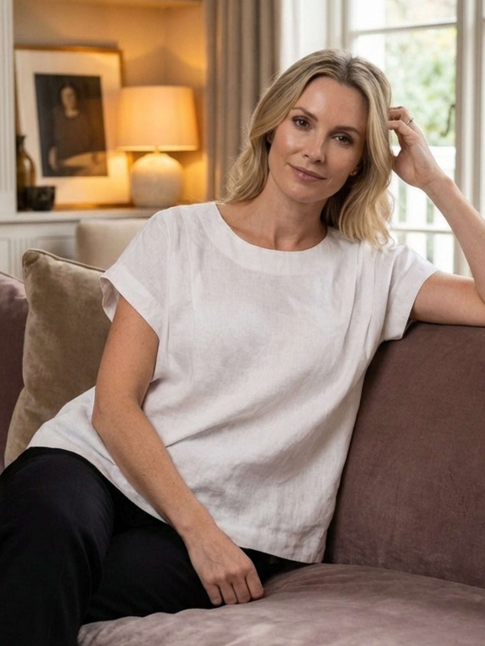 100% linen boxy cap-sleeve top with round scoop neck and natural texture