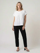 100% linen boxy cap-sleeve top with folded-edge sleeves and hip-length hem