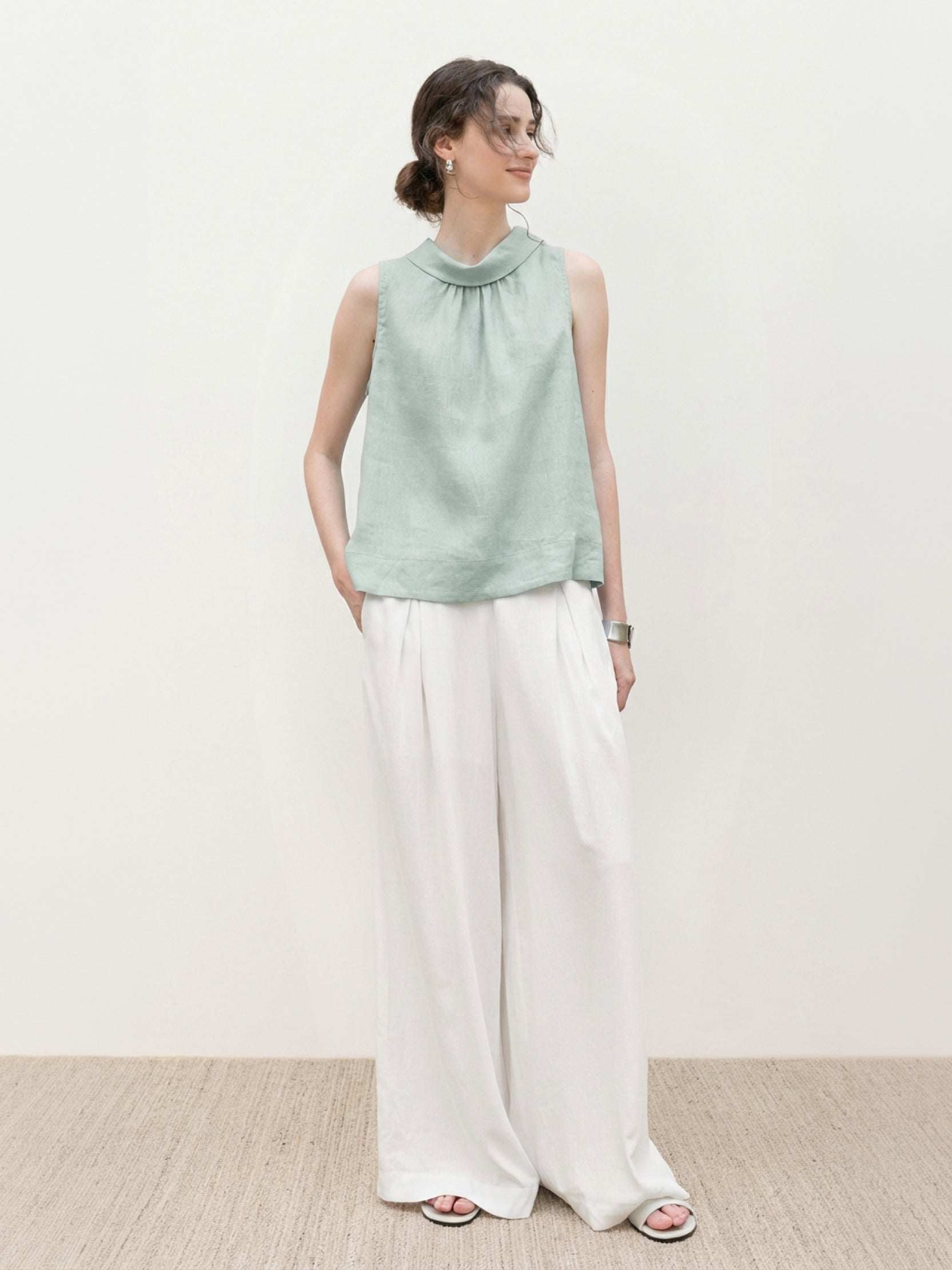 100% linen sleeveless cowl-collar top with relaxed boxy fit and natural crinkle texture