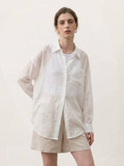 Lightweight 100% linen sheer overshirt with oversized fit and classic collar
