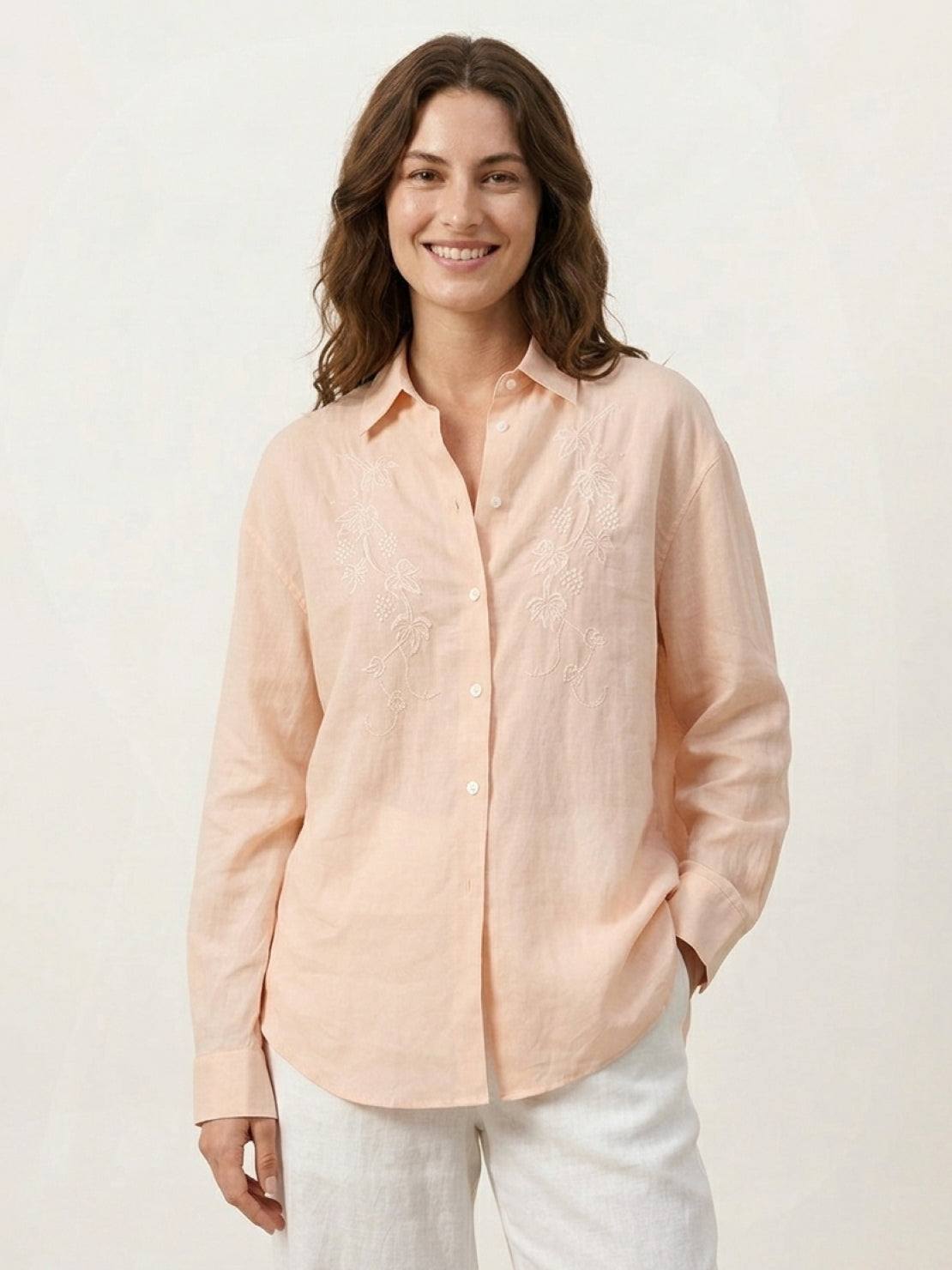 Relaxed fit ramie linen-lyocell embroidered shirt with curved hem and side slits