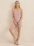 Linen-Lyocell cami set with spaghetti straps and relaxed mid-thigh shorts