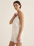 Linen-Lyocell cami set with boxy camisole, crossback straps, and relaxed mid-thigh shorts
