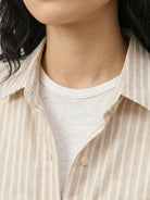 Loose fit 100% linen pinstripe shirt with drop shoulders and wide button cuffs
