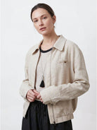 Linen-lyocell zip bomber jacket with cropped boxy fit, ribbed waistband, and buttoned chest pocket