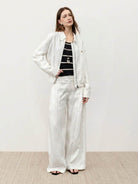 Cropped Linen-Lyocell zip bomber jacket with ribbed waistband and chest patch pocket