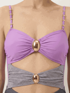 Gold-detail cutout one-piece swimsuit with ruched panels and midi wrap skirt beach cover-up