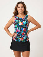 High-neck ruched tankini set with printed top and solid bottom, featuring side ruching and built-in shelf bra