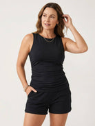 High-neck ruched tankini set with blousy fit and built-in brief for swimming and beachwear