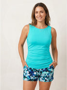 High-neck ruched tankini set with gathered side seams and soft built-in brief, suitable for swimming and beachwear