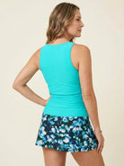 High-neck ruched tankini set with relaxed fit and built-in brief for swimming and beachwear