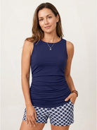 High-neck ruched tankini set with gathered side seams and built-in brief for beach and poolwear
