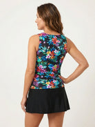 High-neck ruched tankini set with blousy top and soft built-in brief in swim skirt or shorts style