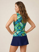 High-neck ruched tankini set with blousy top, gathered side seams, and soft built-in brief for swimming and beachwear