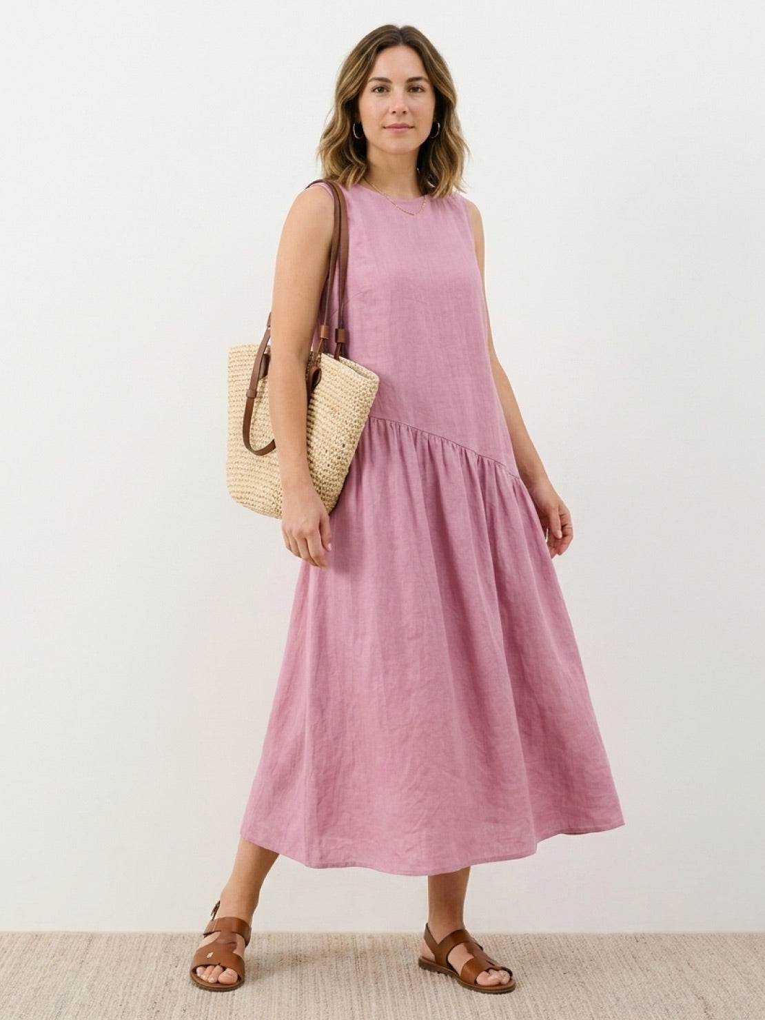 Lightweight cotton-linen summer midi dress with tiered skirt and round neckline in relaxed fit