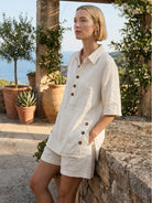 100% cotton oversized button-front top and relaxed shorts co-ord set in beige